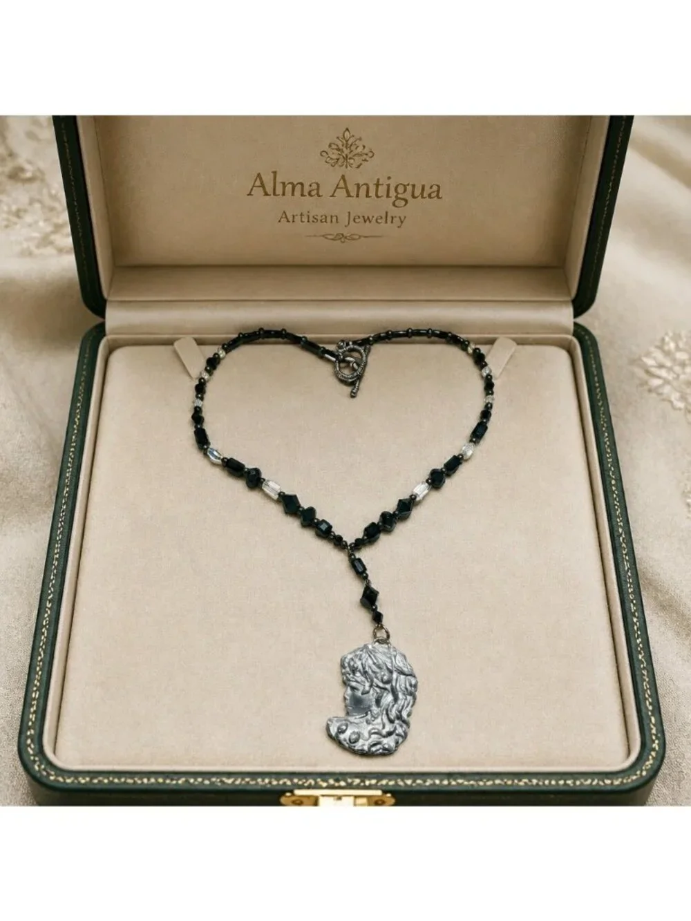 Art Nuveau Clay Lady Pendant with Artisan Crystal Beaded Necklace
